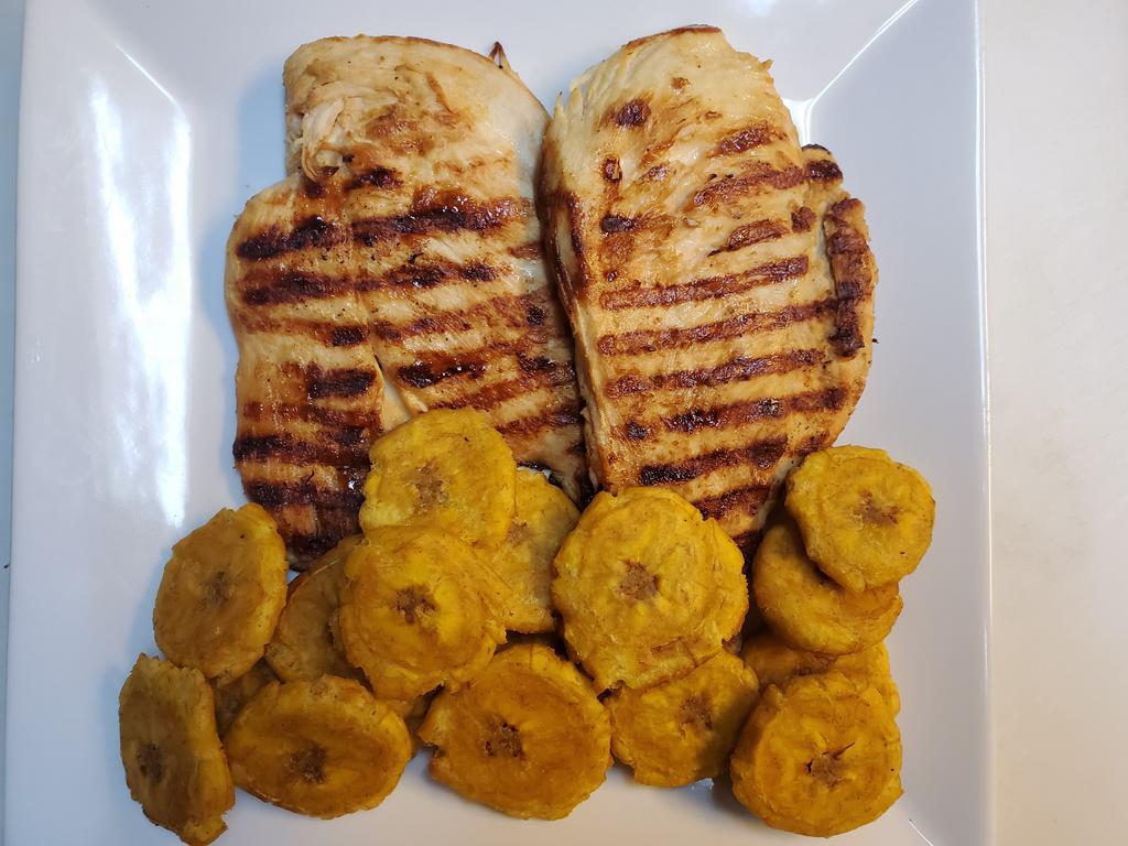 Pechuga a la Plancha/ Grilled Chicken Breast · Green plantains or  rice and beans 