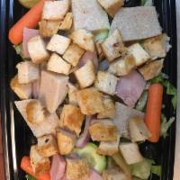 S2. Chef Salad · With ham, turkey and grilled chicken. Served with iceberg lettuce, tomato, carrots, cucumber...