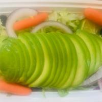 S3. Avocado Salad · Served with iceberg lettuce, tomato, carrots, cucumber, black olive and red onion.
