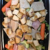 S5. Grilled Chicken Salad · Chicken breast and croutons. Served with iceberg lettuce, tomato, carrots, cucumber, black o...