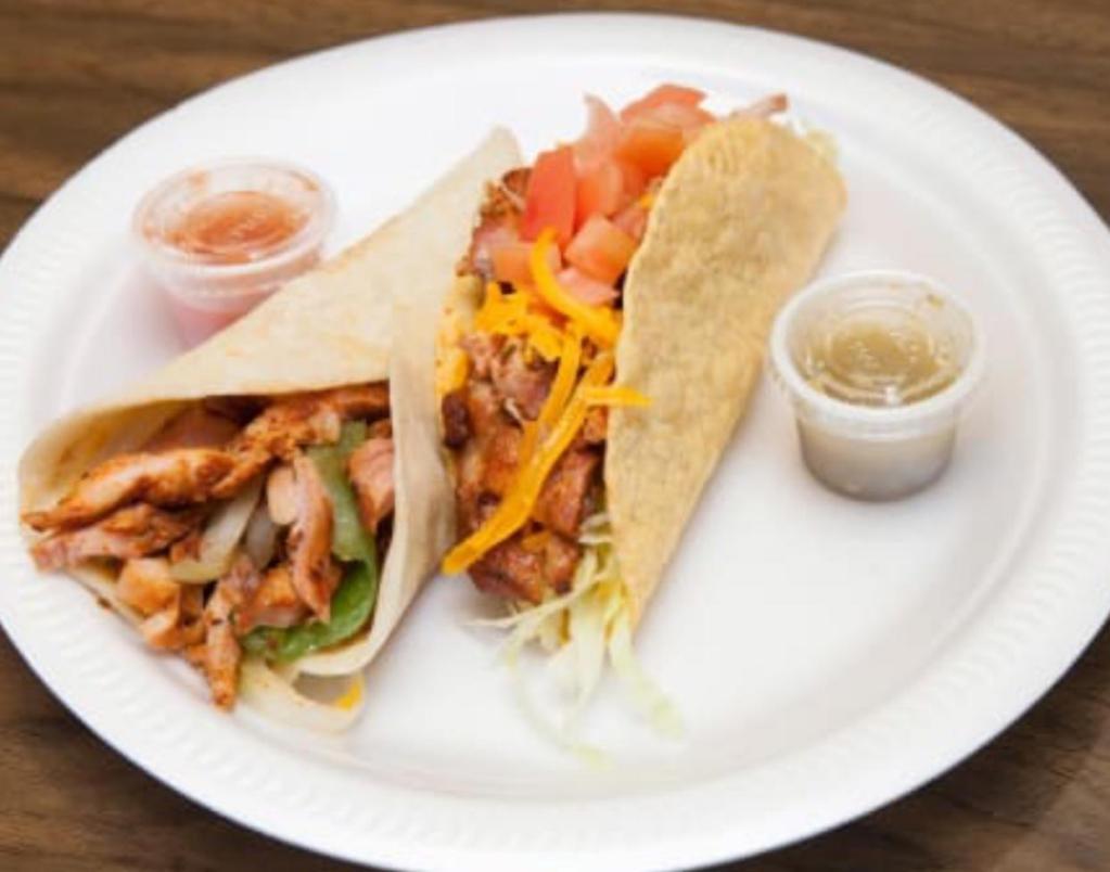 20. Chicken Taco · Fried corn tortilla served with iceberg lettuce, tomato and topped with cheddar cheese. 
