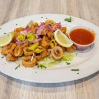 Fried Calamari · Served with marinara sauce, pickled onions and peppers.