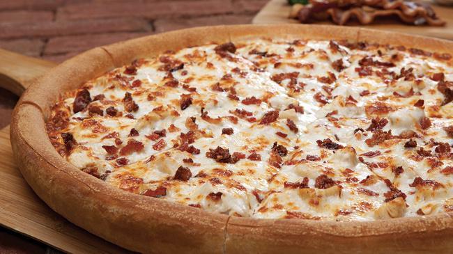 Chicken Bacon Ranch · Boneless grilled chicken breast strips, naturally wood smoked bacon bits and mozzarella cheese on a base of ranch sauce.