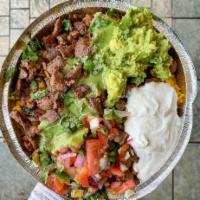 Steak Bowl · Served with steak, rice, beans, pico de Gallo, guacamolé and fresh cremá