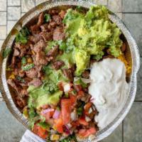 Skirtsteak bowl  · Skirtsteak,  Rice , beans 
Pico de gallo, guacamole and crema