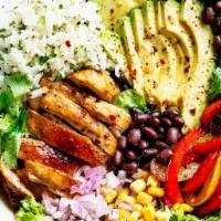mexican-Bowl · Delicious grilled chicken breasts cut with our special seasoning served with jasmine rice, s...