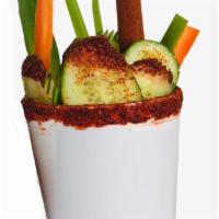 Pepinochelada · Cup 32 ounces cucumber slices carrot sticks celery sticks lemon tajin chamoy and our famous ...