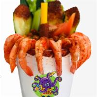 cevichelada · A delicious michelada with fish ceviche accompanied by 8 shrimp and a garnish of fruits and ...