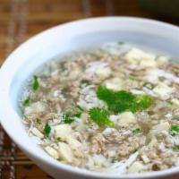West Lake Beef Soup 西湖牛肉羹 · Minced Beef, Minced Mushroom, Egg, Coriander in the soup