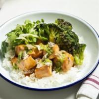 Ginger Scallion Salmon Bowl · poached, charred broccoli, white rice.