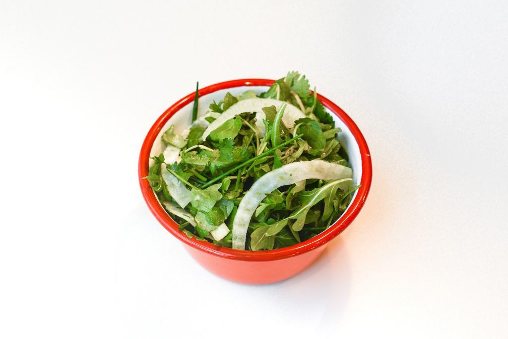 Watercress Cilantro Salad · w/ Scallions, Celery, Fennel, and Ginger Vinaigrette