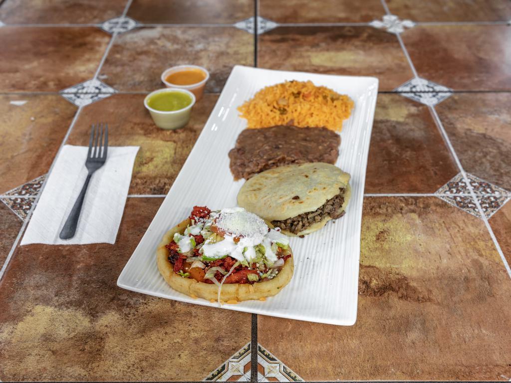 Gordita & Sope Plate · 1 gordita & 1 sope. Served with rice, and beans.