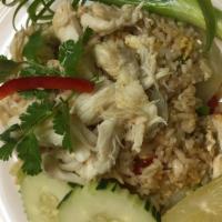 Crab meat fried rice · Crab meat, egg, onion, and scallion.