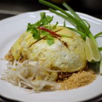 Pad Thai Hor Kai · Shrimp Pad Thai wrapped in thin omelette skin.