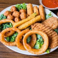 Combo Platter · Comes with 2 mozzarella sticks, 6 fried zucchini, 6 fried mushrooms, 2 chicken tenders and 4...