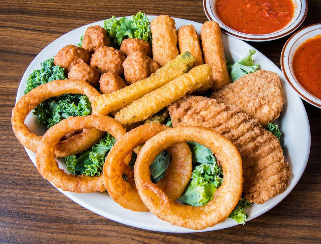 Combo Platter · Comes with 2 mozzarella sticks, 6 fried zucchini, 6 fried mushrooms, 2 chicken tenders and 4 onion rings.