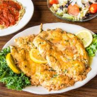 Chicken Francaise Dinner · Lemon, butter, white wine sauce. Served with a choice of spaghetti, shells, ziti or fries an...