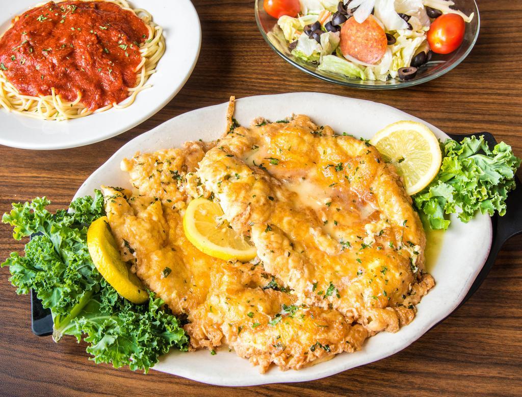 Chicken Francaise Dinner · Lemon, butter, white wine sauce. Served with a choice of spaghetti, shells, ziti or fries and a choice of chef salad or tomato and onion salad.