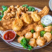 Fried Seafood Platter Dinner · Haddock, scallops, shrimp, clams. Served with a choice of spaghetti, shells, ziti or fries a...