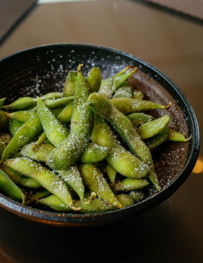 Edamame · Steamed soybeans with salt.