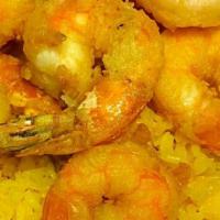 Fried Jumbo Shrimp · Served with your choice of either fried rice, green plantains, sweet plantains or fries.