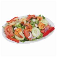 Shrimp Salad · Mixed Romaine, Tomatoes, Red Onions, Olives, Cucumbers topped with Grilled Shrimp
