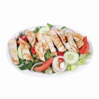 Grilled Chicken Salad · Mixed Romaine, Tomatoes, Red Onions, Olives, Cucumbers topped with Grilled Chicken Breast