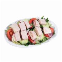 Chef Salad · Pin-rolled ham, provolone cheese and turkey over Mixed Romaine, Tomatoes, Red Onions, Olives...