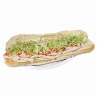 Turkey and Cheese Sub · Includes lettuce, tomato, onion, oil and vinegar and seasoning.