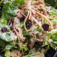 Salad 1 · Greens, shredded carrots, dried cranberries, candied pecans, bleu cheese and mustard vinaigr...
