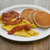 5. Pancakes Platte · Served with eggs, cheese, and choice of meat taylor ham, pork bacon, pork sausage.  (  Turke...