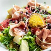 Parma Salad · Baby spinach, prosciutto, shaved imported Parmigiano, walnuts, imported green olives, pears ...