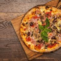 Capricciosa · Tomato, mozzarella, mushrooms, ham, olives and artichoke.