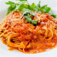 Capellini Arrabbiata · Angel hair pasta with a spicy tomato sauce and garlic. Spicy.
