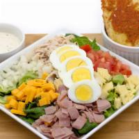 Chef Salad · Turkey, ham, hard-boiled egg, cheddar cheese, Swiss cheese, tomato, and onions, croutons on ...