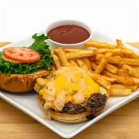 Rafi's Burger · Served on a toasted brioche bun with a hand pressed, 1/2 lb. Angus beef patty loaded with le...