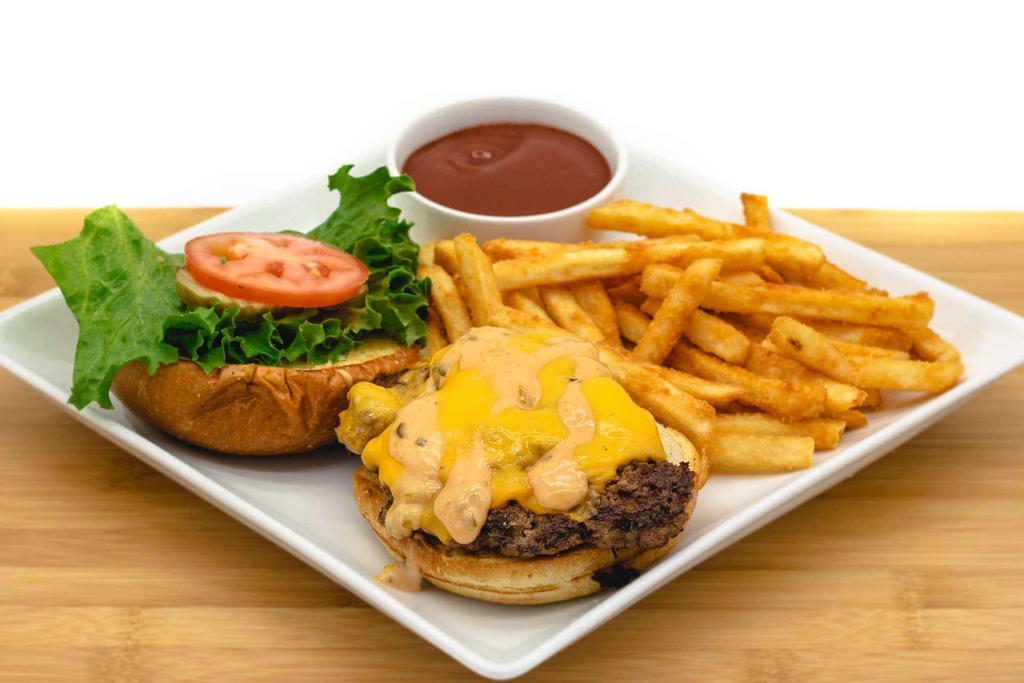 Rafi's Burger · Served on a toasted brioche bun with a hand pressed, 1/2 lb. Angus beef patty loaded with lettuce, tomato, onion, sharp cheddar and American cheese mix and chef rob's custom sauce. Served with a side of crispy french fries.