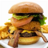 BBQ Burger · Served on a toasted brioche bun with a hand pressed, 1/2 lb. Angus beef patty loaded with 2 ...