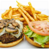 Mushroom Swiss Burger · Served on a toasted brioche bun with a hand pressed, 1/2 lb. Angus beef patty loaded with le...