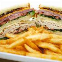 Club Sandwich · Served on choice of rye, white, or wheat bread with crispy bacon, tender turkey, juicy ham, ...