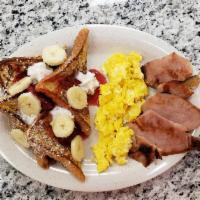 French Toast Combo · Bacon or sausage, and egg. 