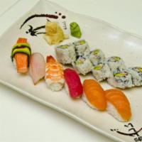 Sushi La King · Eight pieces of daily assortment sushi with tuna and California roll. Served with your choic...