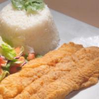 Fish Filet Mini Lunch · Fried fish fillet served with rice and beans or moro