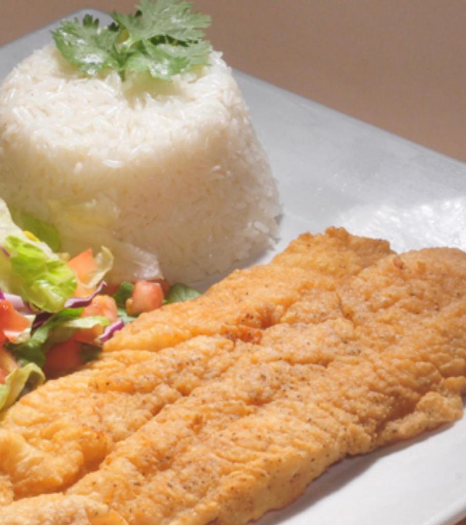 Fish Filet Mini Lunch · Fried fish fillet served with rice and beans or moro
