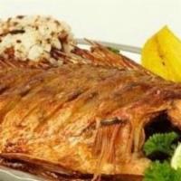 Fried Red Snapper · Served with rice and beans or moro or tostones and a green salad.