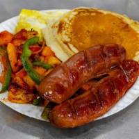 13. Pancakes, Sausage with Eggs Plate · Flat sweet cake.