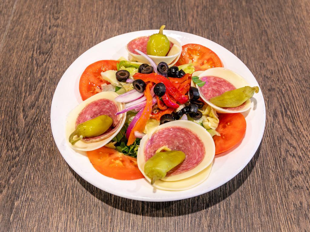 Antipasto Salad · Ham, salami, provolone, roasted peppers, olives, red onion, tomato, artichoke hearts, pepperoncini, shaved Parmesan and balsamic glaze.