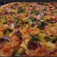 Decatur Pizza · Ground beef, red onion, tomato, jalapeno and cheddar jack.