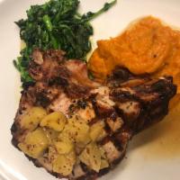 Grilled Pork Chop · Carrot Purée, Brussel Sprouts, Sage Pan Jus