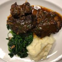 All Day Braised Beef Short Rib · Brussels Sprouts, Mashed Potato